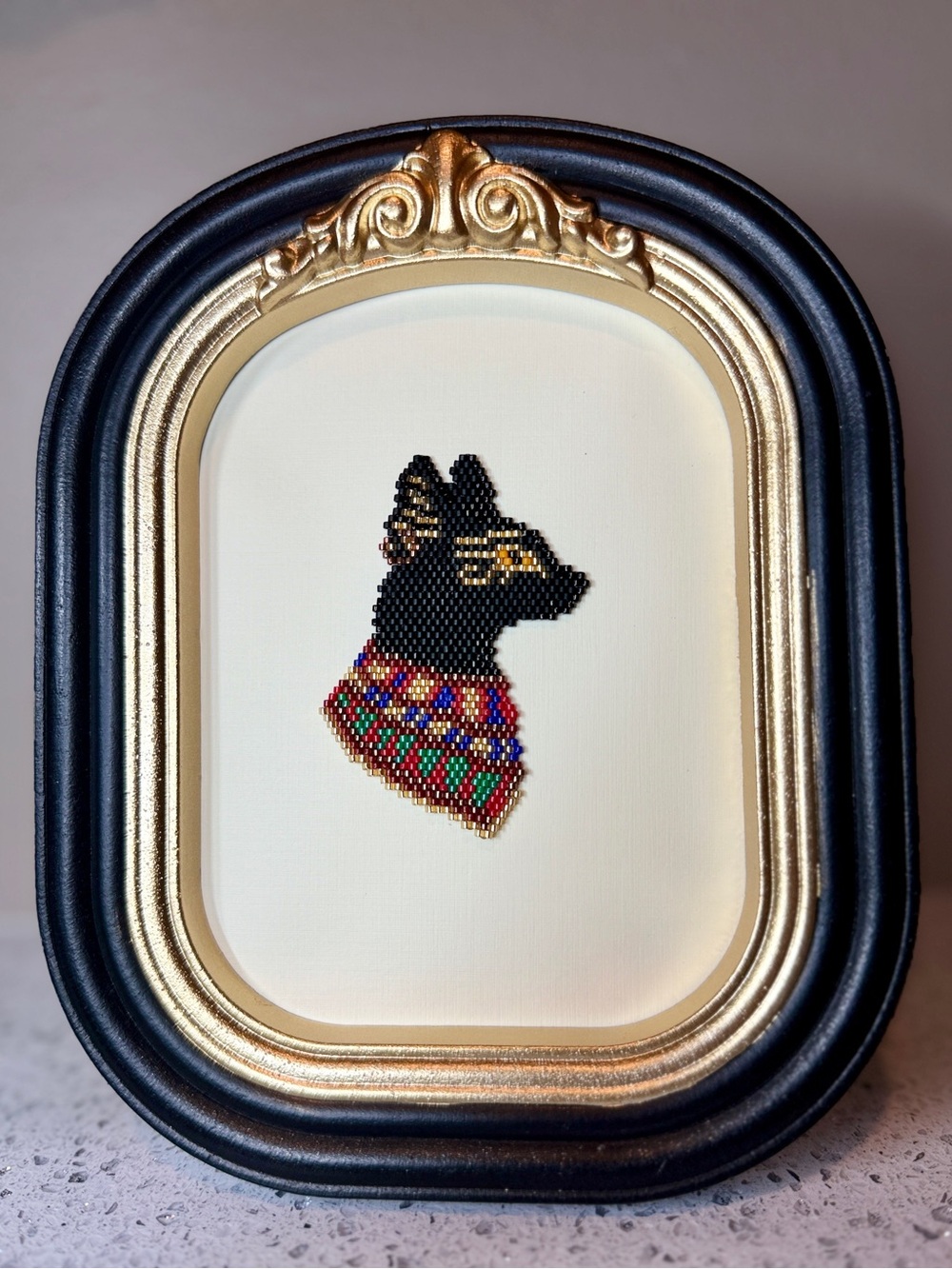Egyptian Cat Mini Framed Bead Art • Black Gold Luxe Decor - Picture 3 of 6